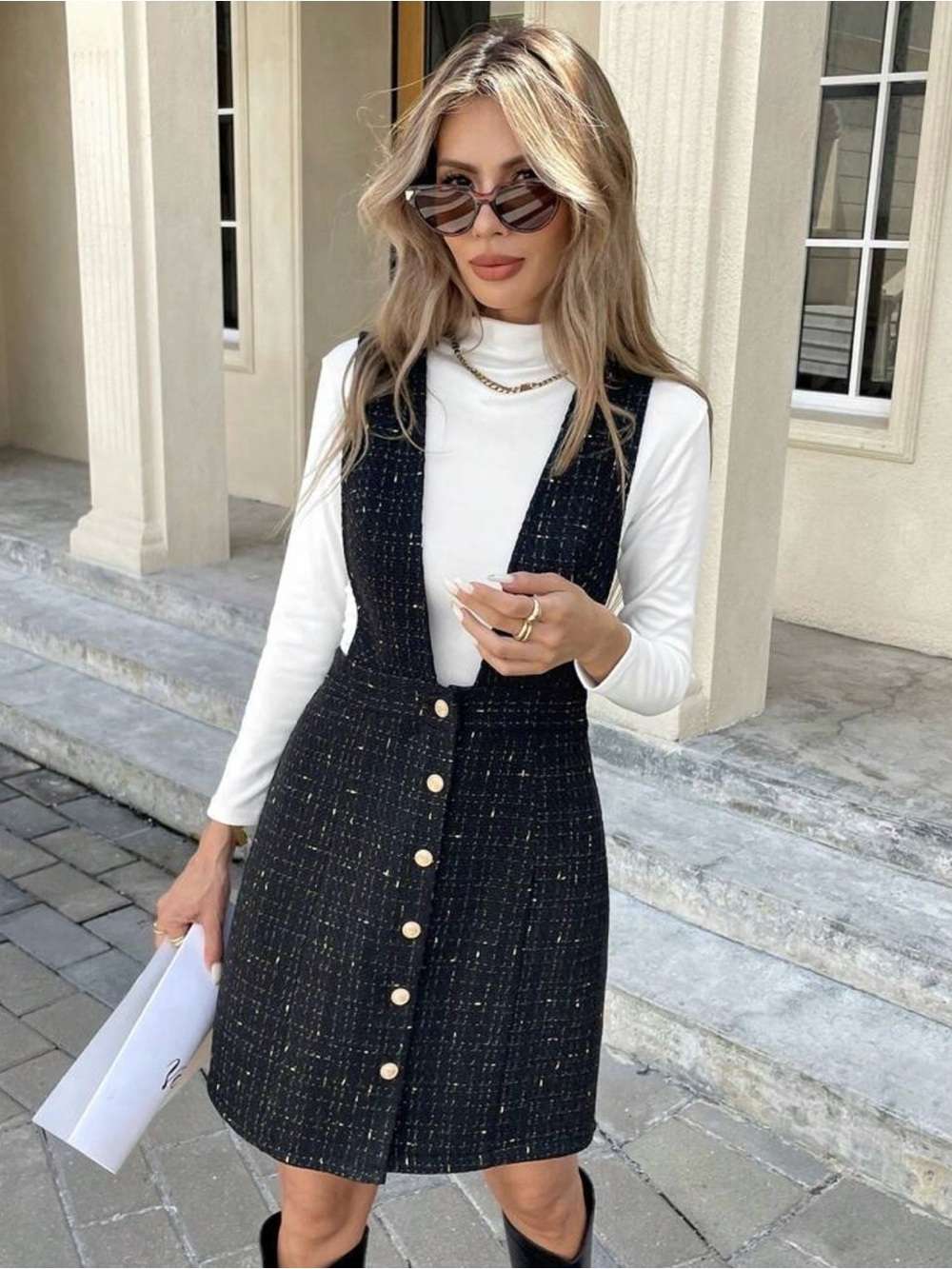 Source Unknown Black Tweed Button-Front Mini Dress